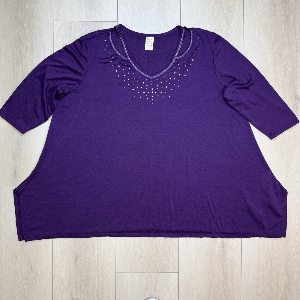 Faded Glory Womens 3X Purple Rhinestone V Neck Tunic Top Plus 22/24 Stretch Knit
